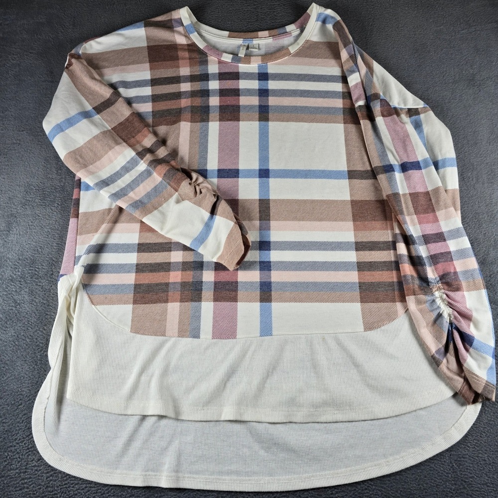 C. Wonder Womens Large Plaid Mixed Media Top Long Sleeve Ruched Brown Blue